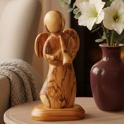 Angel Playing Music, Hand Carved Olive Wood 5.9"