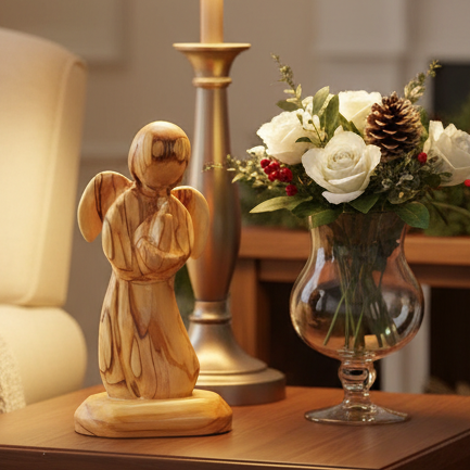 Angel Holding Bird, 5.9" Hand Carved Olive Wood
