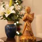 Angel olive wood statue hand carved in Bethlehem, 5.1 inch front view of the olive wood masterpiece
