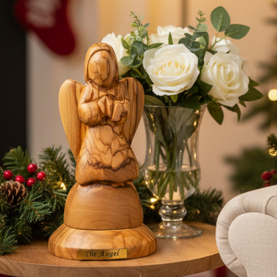 Hand Carved "Angel Praying", Wooden Nativity Figurine 4.9"