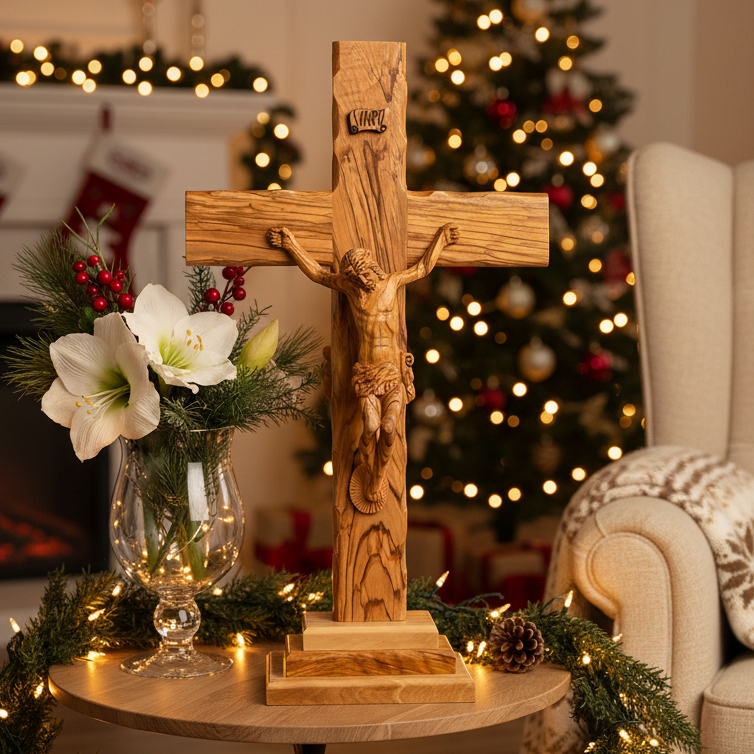 Olive wood crucifix hand carved in Bethlehem, 15.5 inch front view of the olive wood masterpiece