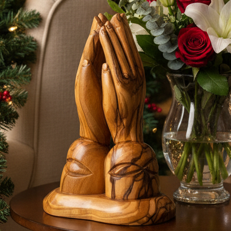 religious olive wood statue hand carved in Bethlehem, 5.3 inch front view of the olive wood masterpiece