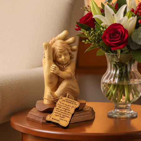 Baby Boy Protected by the Hand of God, 6.5" Olive Wood Carving