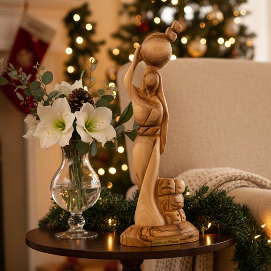 religious olive wood statue hand carved in Bethlehem, 8.6 inch front view of the olive wood masterpiece