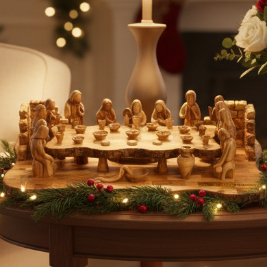 Last Supper olive wood statue hand carved in Bethlehem, 25.8 inch front view of the olive wood masterpiece