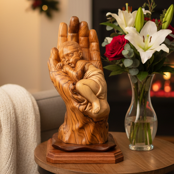 “Protected by the Hand of God” Sculpture 8.5" Tall, Made from Holy Land Olive Wood