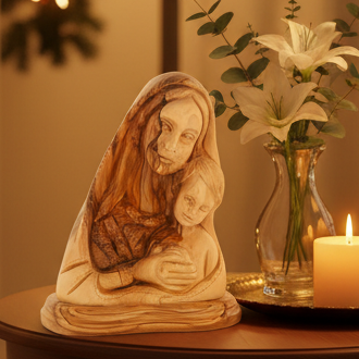 Virgin Mary with Holy Child Bust Carving, 6.5" Carved from the Holy Land Olive Wood