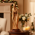 Virgin Mary olive wood statue from Bethlehem hand carved, 15 inch front view of the olive wood masterpiece