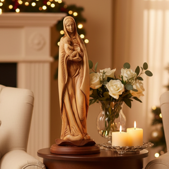 Virgin Mary with Child Jesus Christ, 15" Carved from the Holy Land Olive Wood