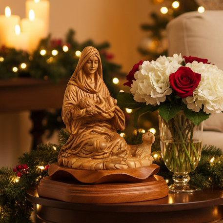 Virgin Mary olive wood statue from Bethlehem hand carved, 8.1 inch front view of the olive wood masterpiece