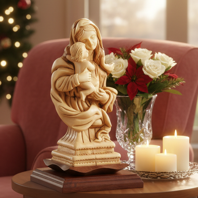 Virgin Mary w/ Holy Child, 9.4" Carved from Holy Land Olive Wood