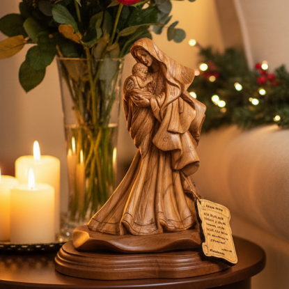Virgin Mary olive wood statue from Bethlehem hand carved, 10 inch front view of the olive wood masterpiece