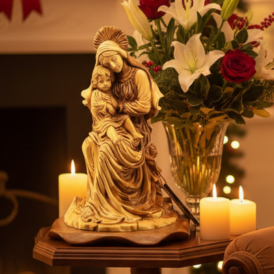 Crowned Virgin Mary with Baby Jesus, 11" Olive Wood Carving Statue from Bethlehem