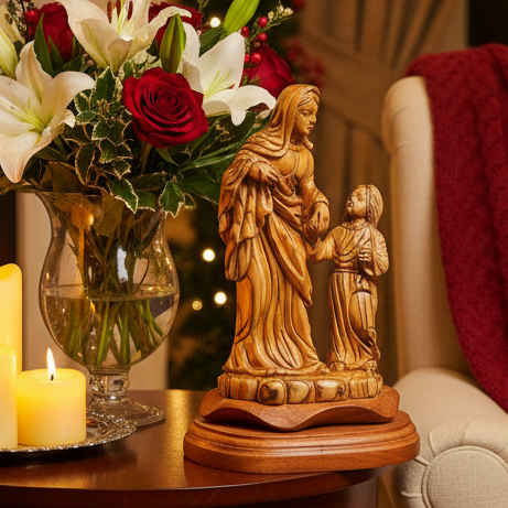 Virgin Mary with Jesus Statue, 9.8" Carved from the Holy Land Olive Wood
