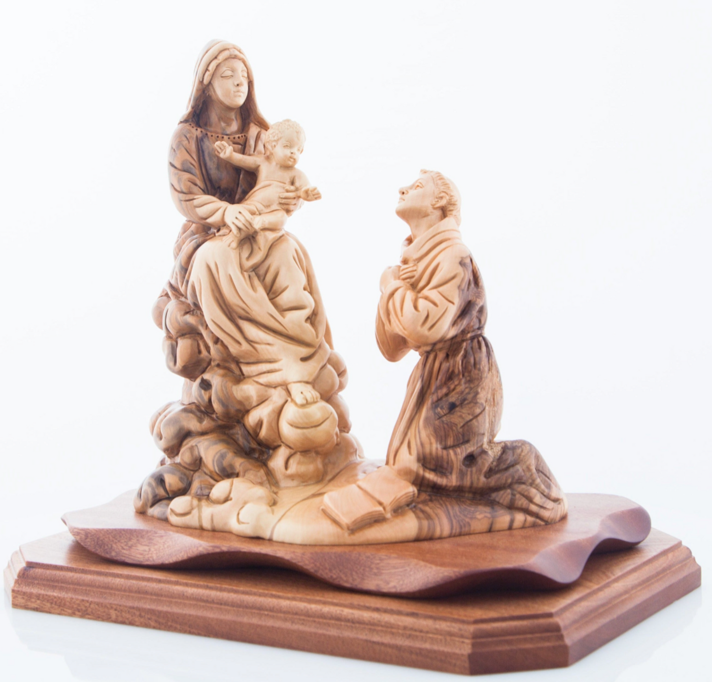 Queen of the Franciscan Order with Saint Francis Kneeling in Front of Baby Jesus, 10.2" Tall Carving , Olive Wood Statue from Holy Land