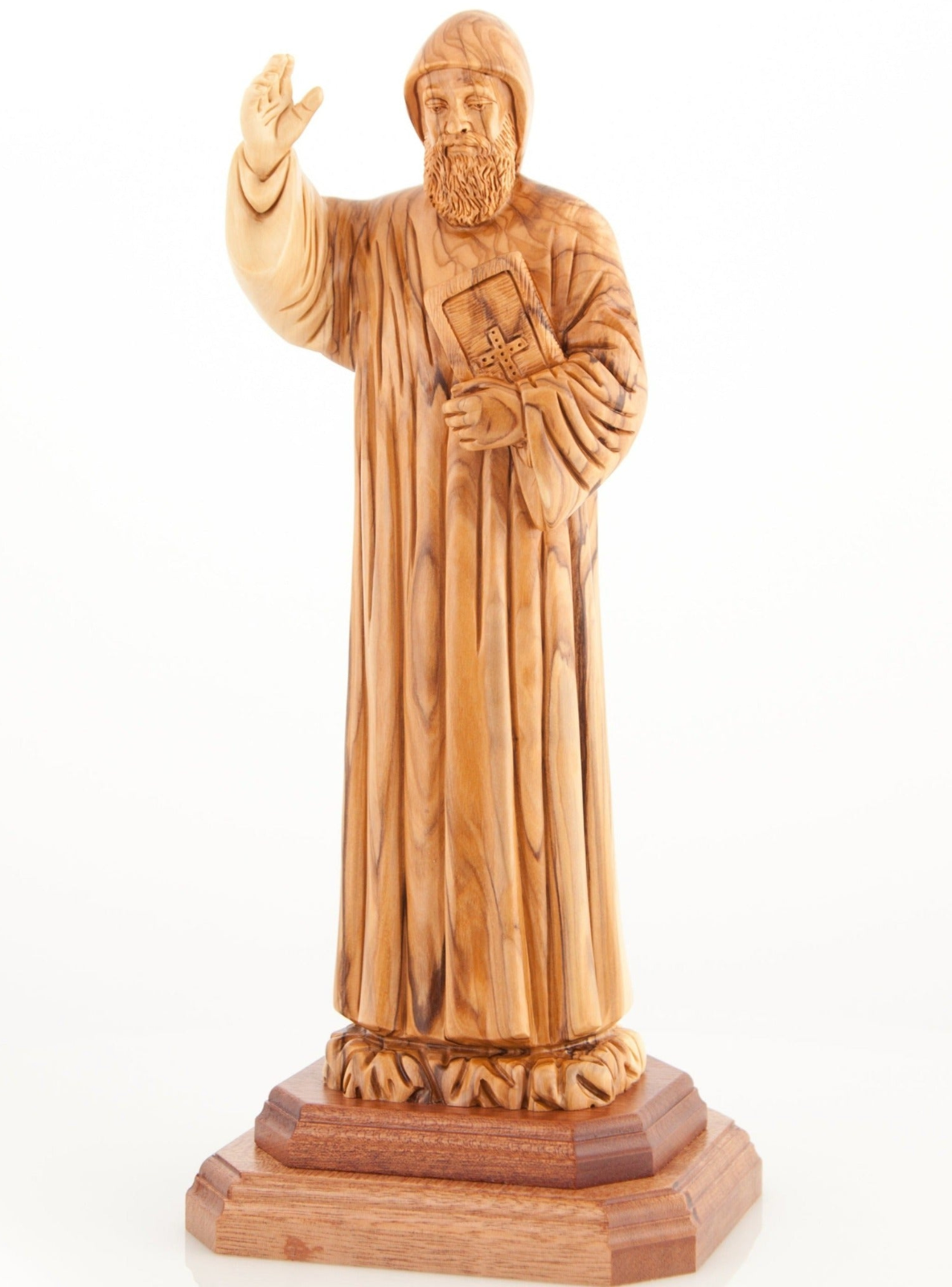 St. Charbel Carved Sculpture, 12.8" Olive Wood from Holy Land