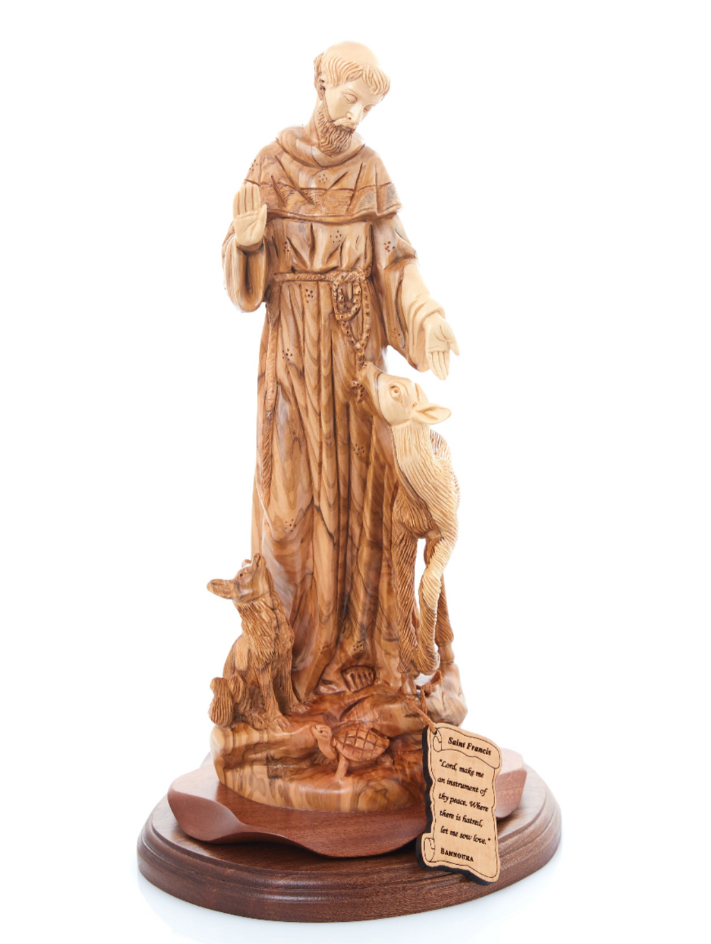 St. Frances Assisi with Deer Masterpiece, 15.4" Wood Carving from Holy Land Olive Wood