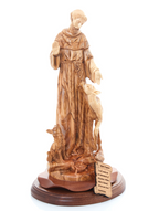 St. Frances Assisi with Deer Masterpiece, 15.4" Wood Carving from Holy Land Olive Wood