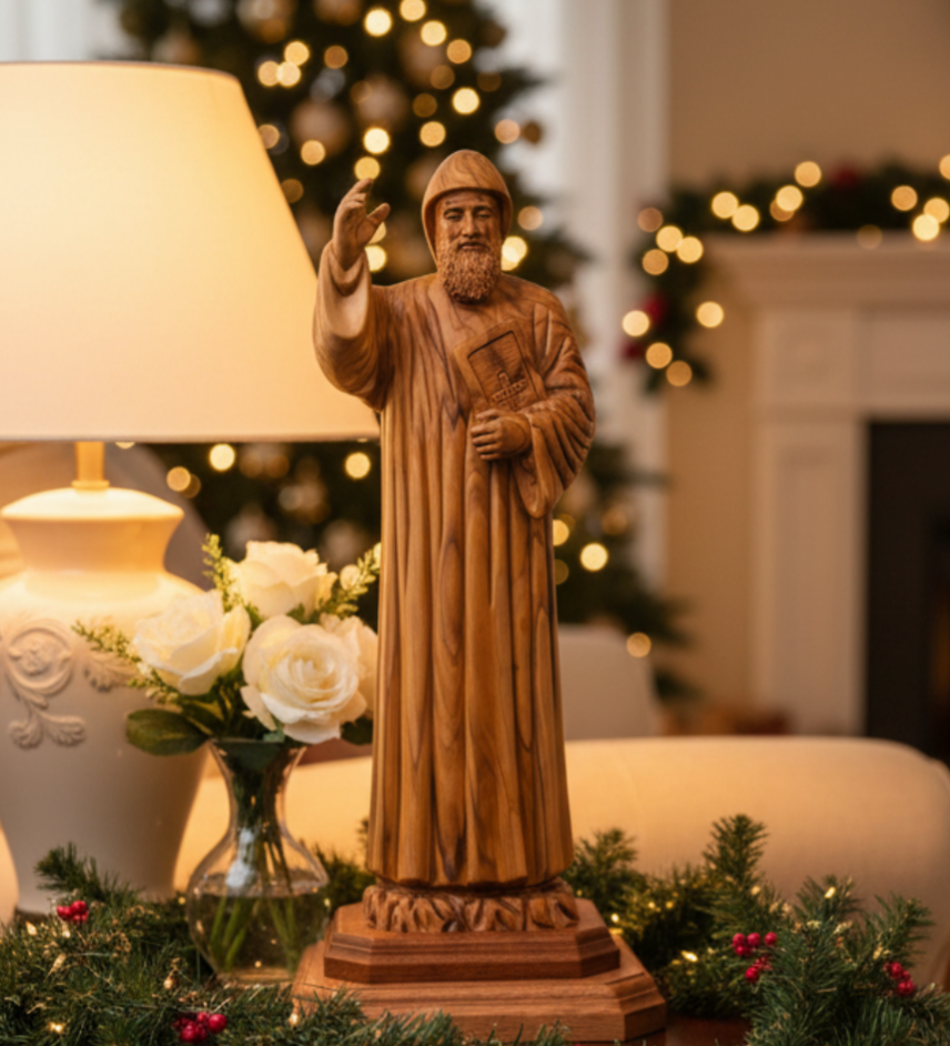 St. Charbel Carved Sculpture, 12.8" Olive Wood from Holy Land