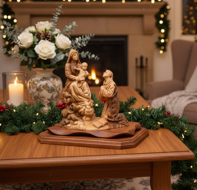 Queen of the Franciscan Order with Saint Francis Kneeling in Front of Baby Jesus, 10.2" Tall Carving , Olive Wood Statue from Holy Land