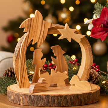 Olive wood nativity scene hand carved in Bethlehem, 3.1 inch front view of the olive wood masterpiece