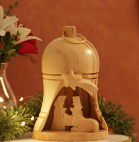 Nativity Scene Bell Ornament Olive Wood from Bethlehem, 3.7"