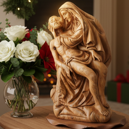 Pieta Figurine, Olive Wood Carving, 17.7" Statue from Bethlehem