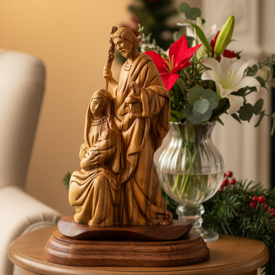 Holy Family Nativity "Holding a Lamp", 7.2" Wooden Carving from Holy Land