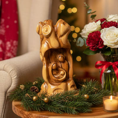 Nativity Scene Sculpture in Natural Olive Wood, 7.7" Unique Manger with The Holy Family Carving