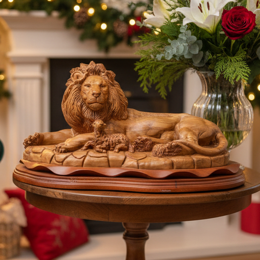 Lion with Lamb, Masterpiece Wooden Sculpture 19.7" Long