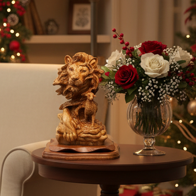 Unique "Lion with Lamb" Sculpture, Olive Wood 12.6"