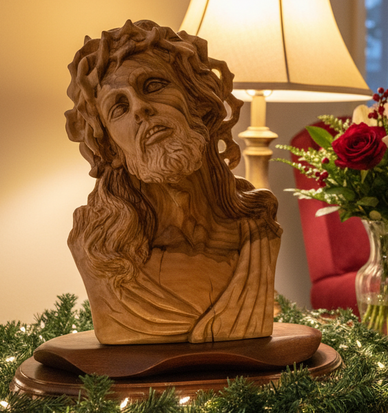 Bust of Jesus Christ Head, 10" Olive Wood Carving from the Holy Land