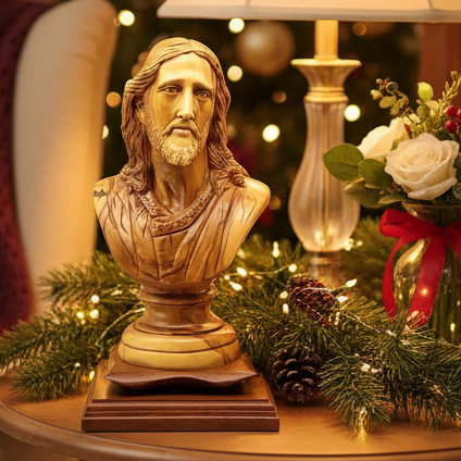 Jesus Christ statue hand carved from Bethlehem olive wood, 9.8 inch side angle of the olive wood sculpture