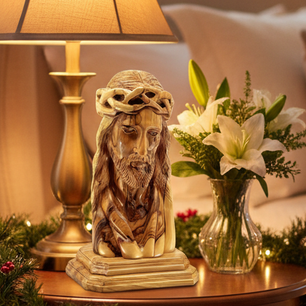 Jesus Christ Bust Sculpture in Holy Land Olive Wood, 9.8"