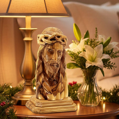 Jesus Christ Bust Sculpture in Holy Land Olive Wood, 9.8"