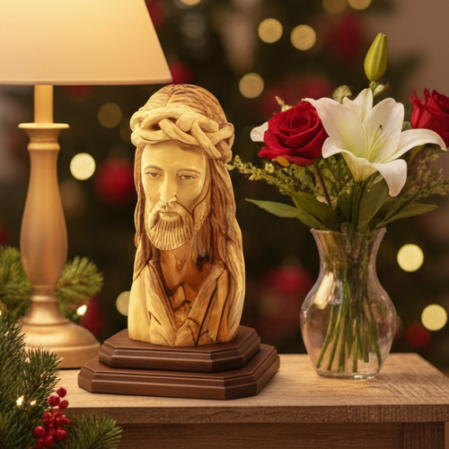 Jesus Christ statue hand carved from Bethlehem olive wood, 5.1 inch front view of the olive wood masterpiece