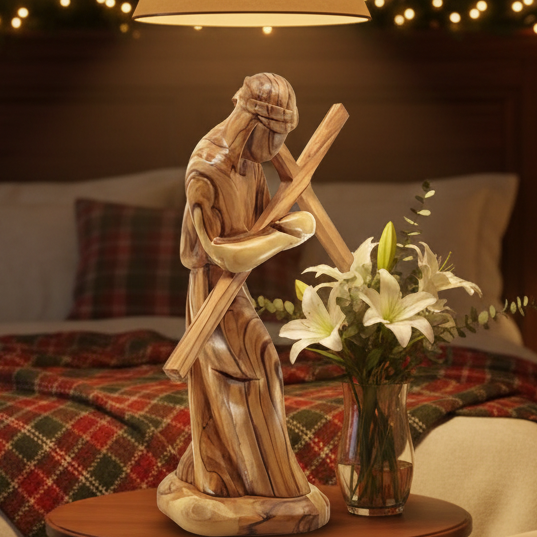 Jesus Christ "Holding Cross", 9.1" Carving in Olive Wood from Holy Land