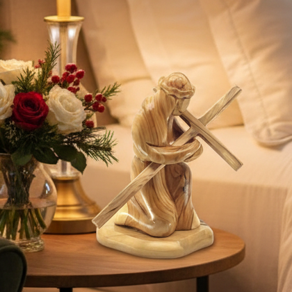 Jesus Christ Kneeling While Holding the Cross, 7.1" Wooden Abstract Carving