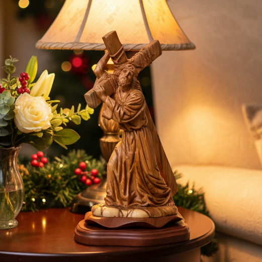 Jesus Christ olive wood cross from Bethlehem hand carved, 13.8 inch front view of the olive wood masterpiece