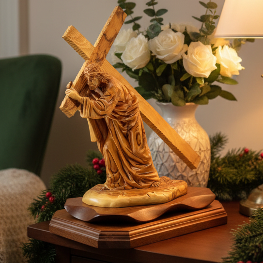 Jesus Christ "Holding Cross" Wooden Sculpture 13"