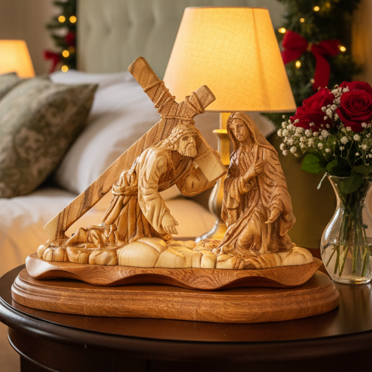 Jesus Christ olive wood cross from Bethlehem hand carved, 12.6 inch side angle of the olive wood sculpture