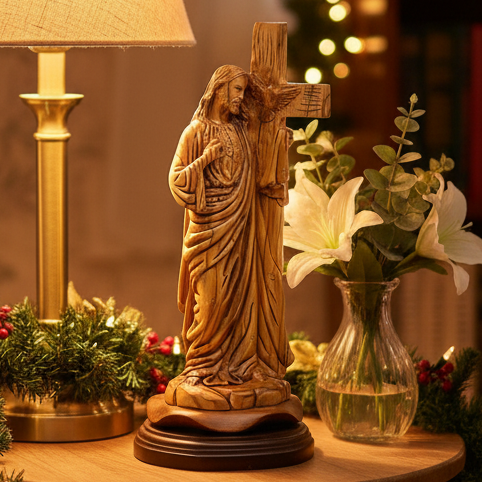 Jesus Christ "Holding Cross" Sculpture, 12.6" Holy Land Olive Wood Carving