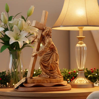 Jesus Christ Carrying Cross Statue, Wood Carving 15.7"