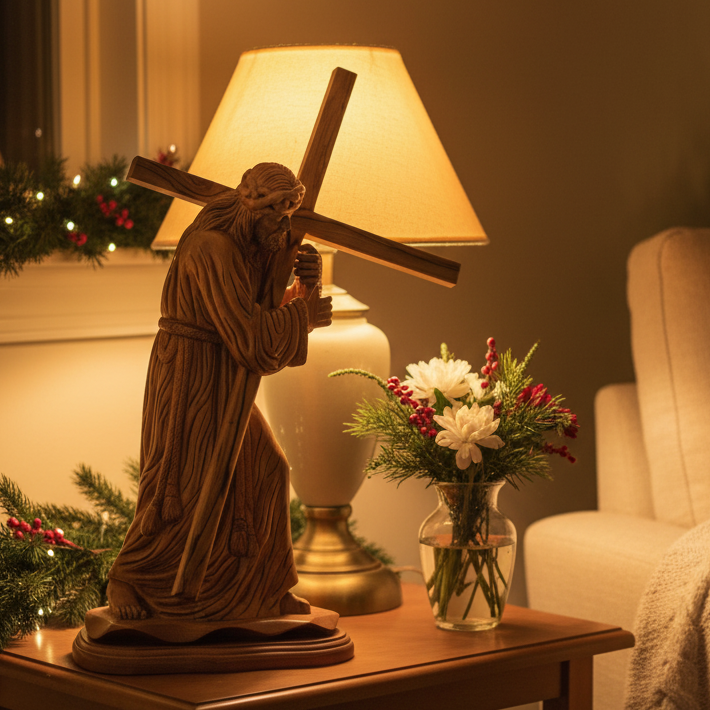 Jesus Christ "Holding Cross" Wooden Sculpture 16.9"