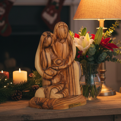 Holy Family Sculpture, 5.7" Abstract Hand Carved Olive Wood