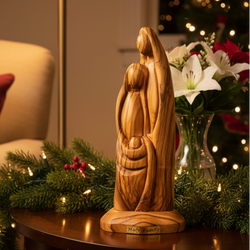 Holy Family olive wood statue hand carved in Bethlehem, 6.7 inch front view of the olive wood masterpiece