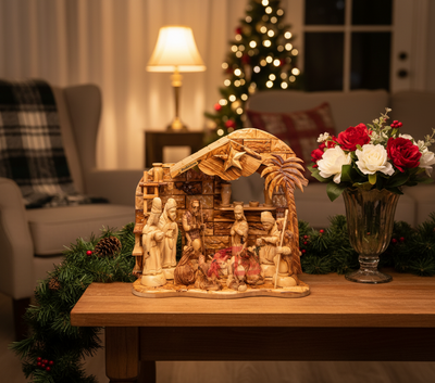 Nativity Scene Set with Music Player, 13.8" Olive Wood from Holy Land