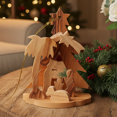 Christmas Tree Nativity Scene Ornament , Olive Wood from Bethlehem