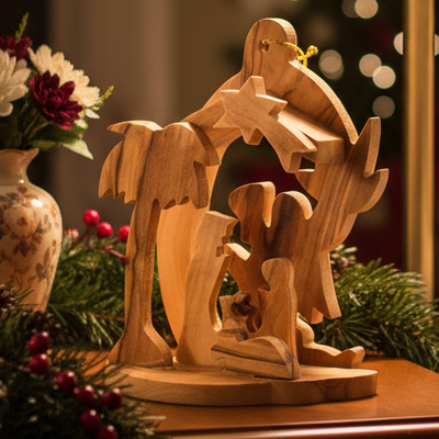 Nativity Scene Ornament (Angel Background) Olive Wood from Bethlehem
