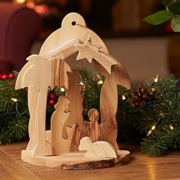 Olive wood nativity scene hand carved in Bethlehem, front view of the olive wood masterpiece